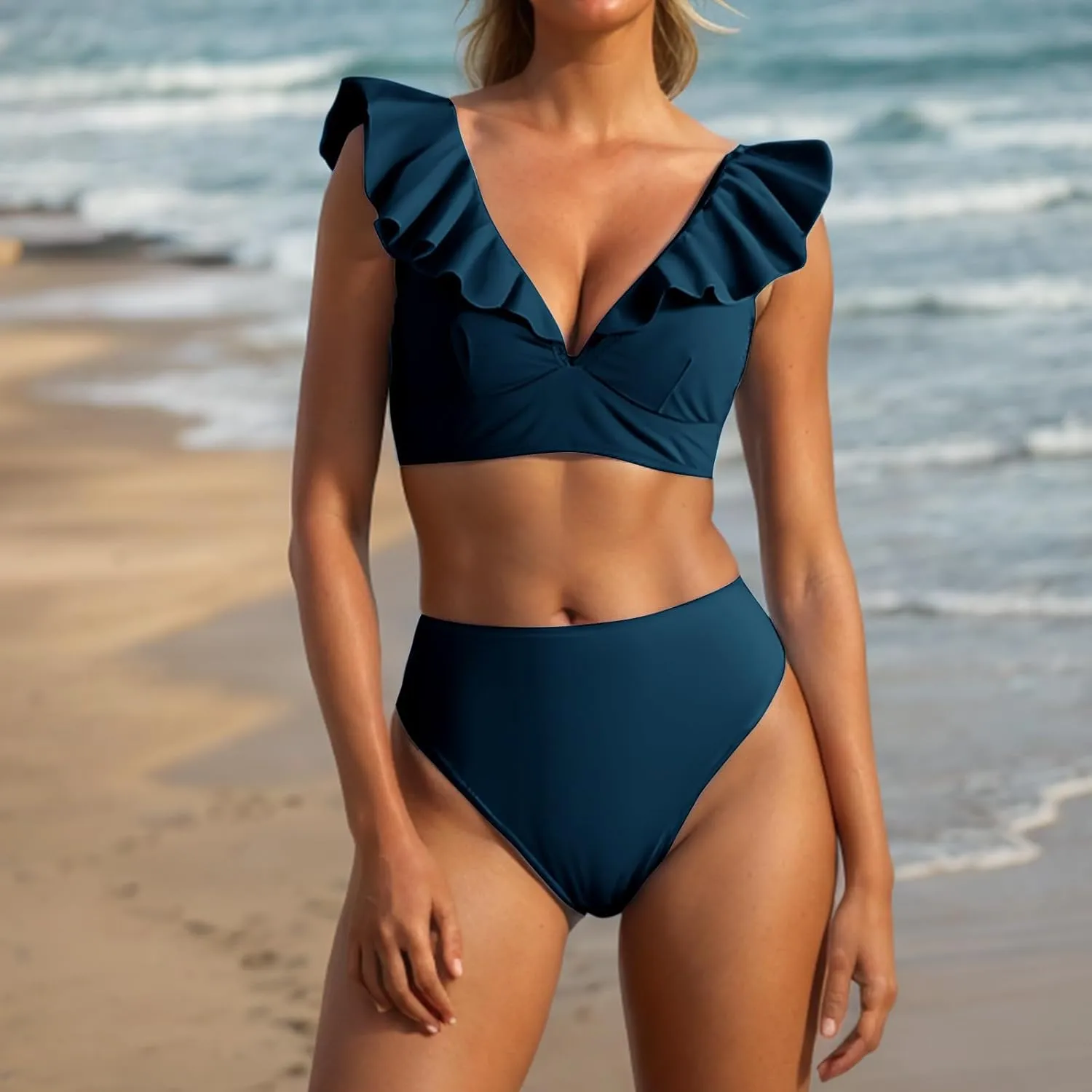 jsaierl Women's High Waisted Bikini Sets Tummy Control Swimsuits Ruffle Sleeve Two Piece Bathing Suit Sexy V Neck Swimwear