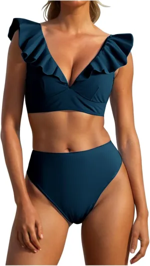 jsaierl Women's High Waisted Bikini Sets Tummy Control Swimsuits Ruffle Sleeve Two Piece Bathing Suit Sexy V Neck Swimwear