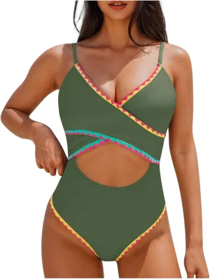 jsaierl Womens Padded Bikini One Piece Swimsuits Sexy Cut Out Back Strappy Bathing Suits Tummy Control Front Twist Swimwear