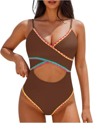 jsaierl Womens Padded Bikini One Piece Swimsuits Sexy Cut Out Back Strappy Bathing Suits Tummy Control Front Twist Swimwear