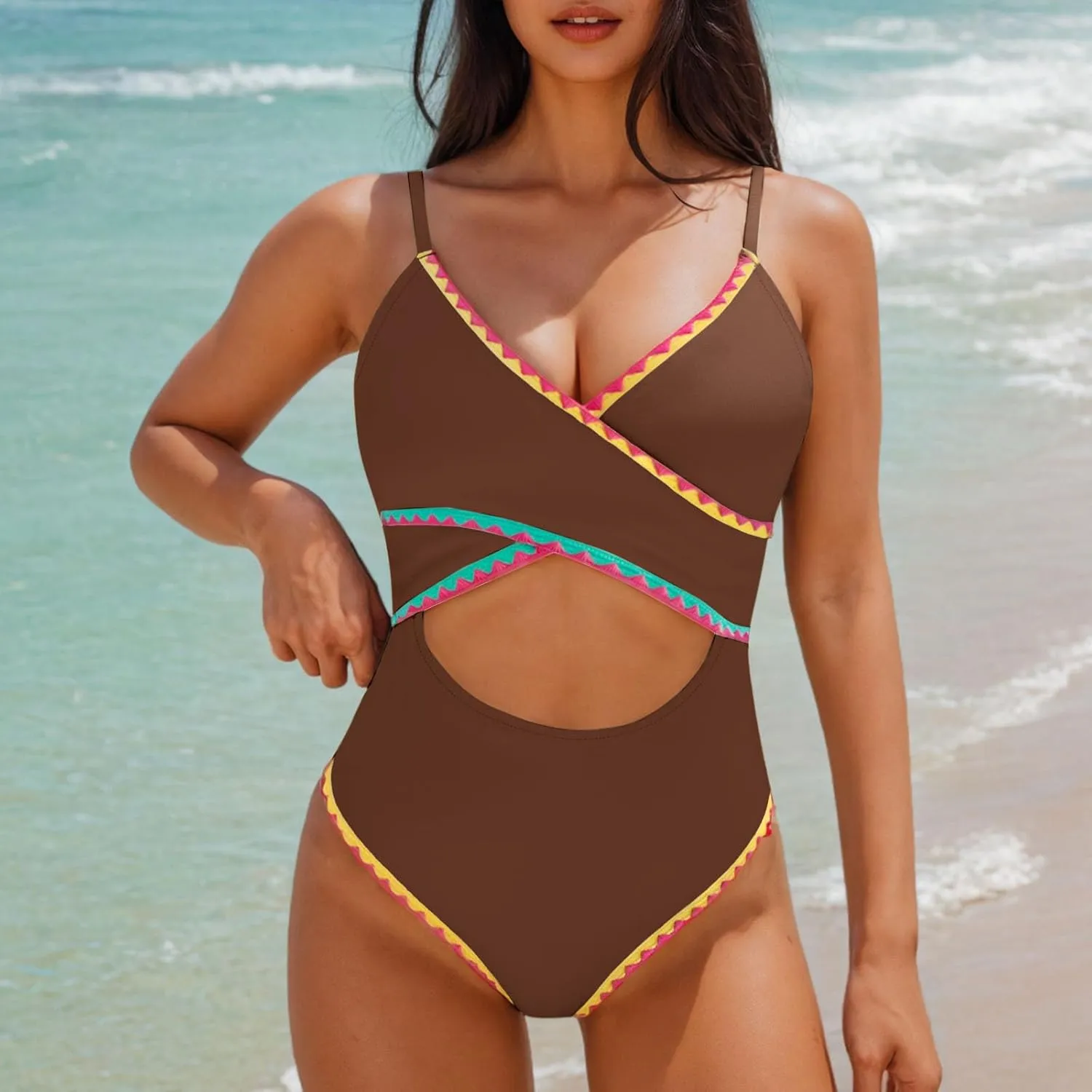 jsaierl Womens Padded Bikini One Piece Swimsuits Sexy Cut Out Back Strappy Bathing Suits Tummy Control Front Twist Swimwear