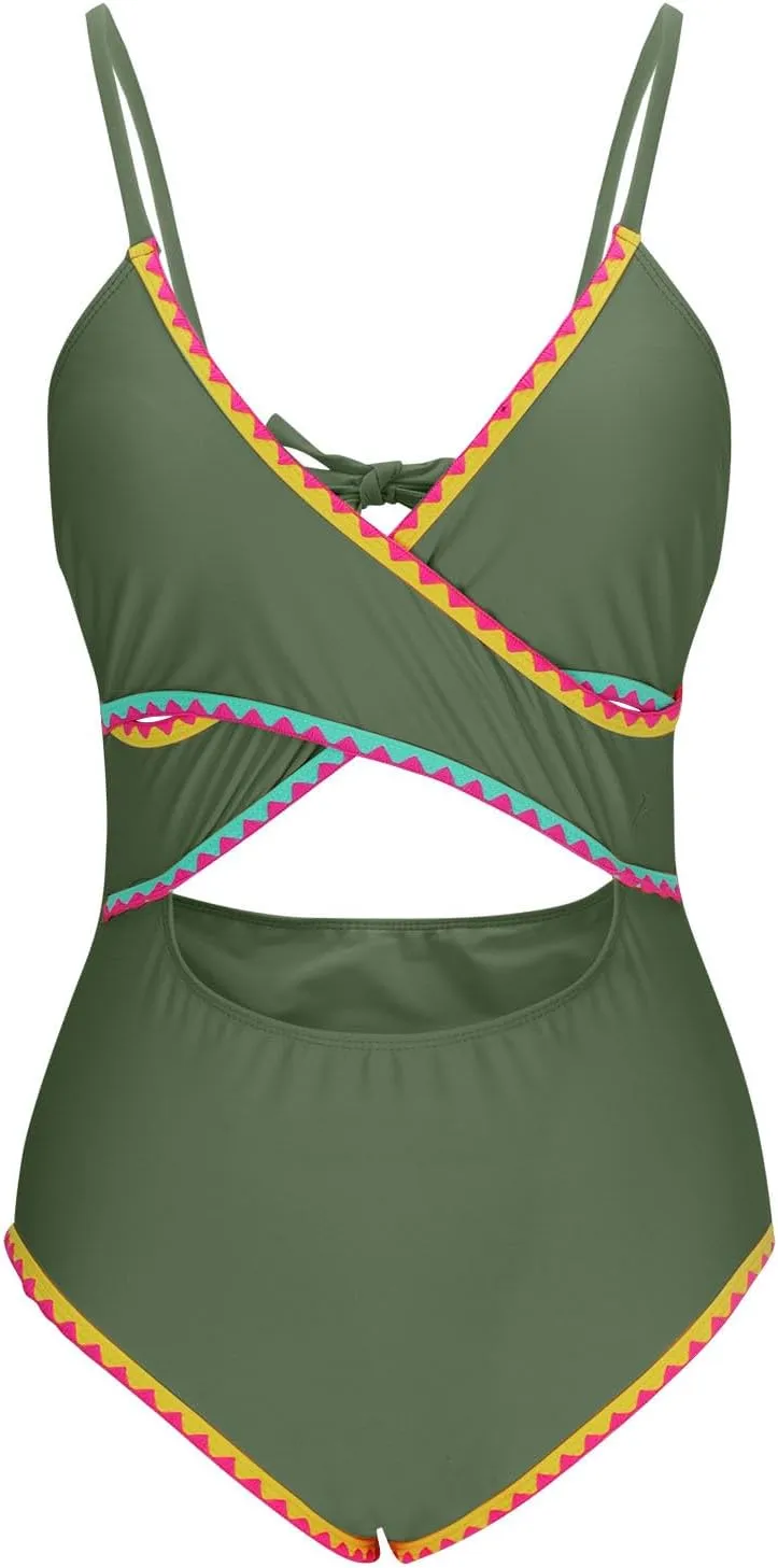 jsaierl Womens Padded Bikini One Piece Swimsuits Sexy Cut Out Back Strappy Bathing Suits Tummy Control Front Twist Swimwear