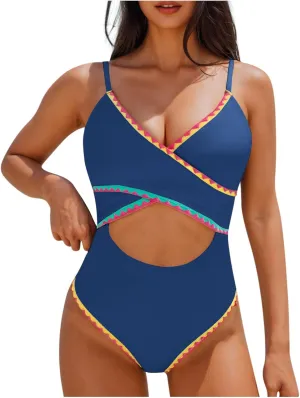 jsaierl Womens Padded Bikini One Piece Swimsuits Sexy Cut Out Back Strappy Bathing Suits Tummy Control Front Twist Swimwear