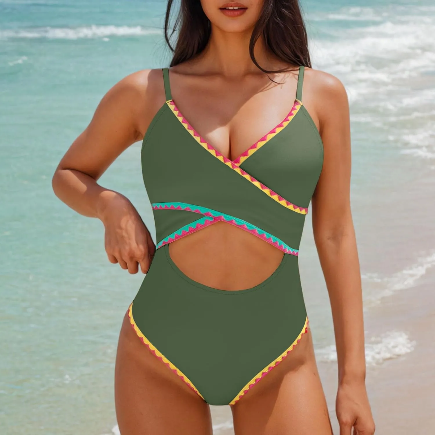 jsaierl Womens Padded Bikini One Piece Swimsuits Sexy Cut Out Back Strappy Bathing Suits Tummy Control Front Twist Swimwear