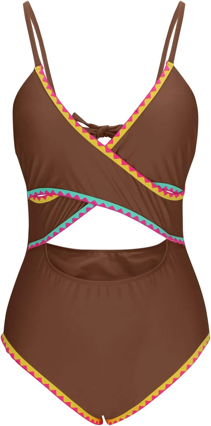 jsaierl Womens Padded Bikini One Piece Swimsuits Sexy Cut Out Back Strappy Bathing Suits Tummy Control Front Twist Swimwear