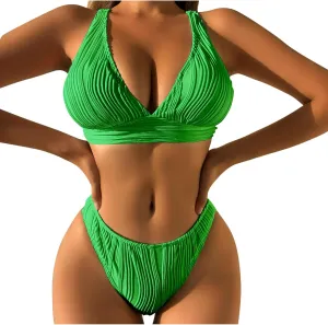 jsaierl Womens Sexy Bikini Sets Triangle Push Up Ribbed Swimsuits Back Crossover High Leg Bathing Suits Summer Swimwear
