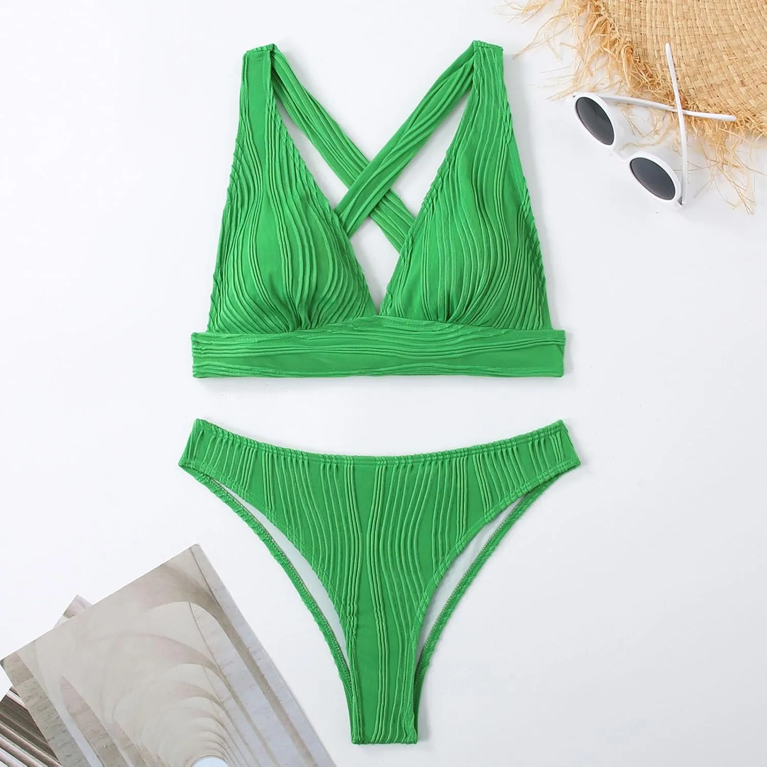 jsaierl Womens Sexy Bikini Sets Triangle Push Up Ribbed Swimsuits Back Crossover High Leg Bathing Suits Summer Swimwear
