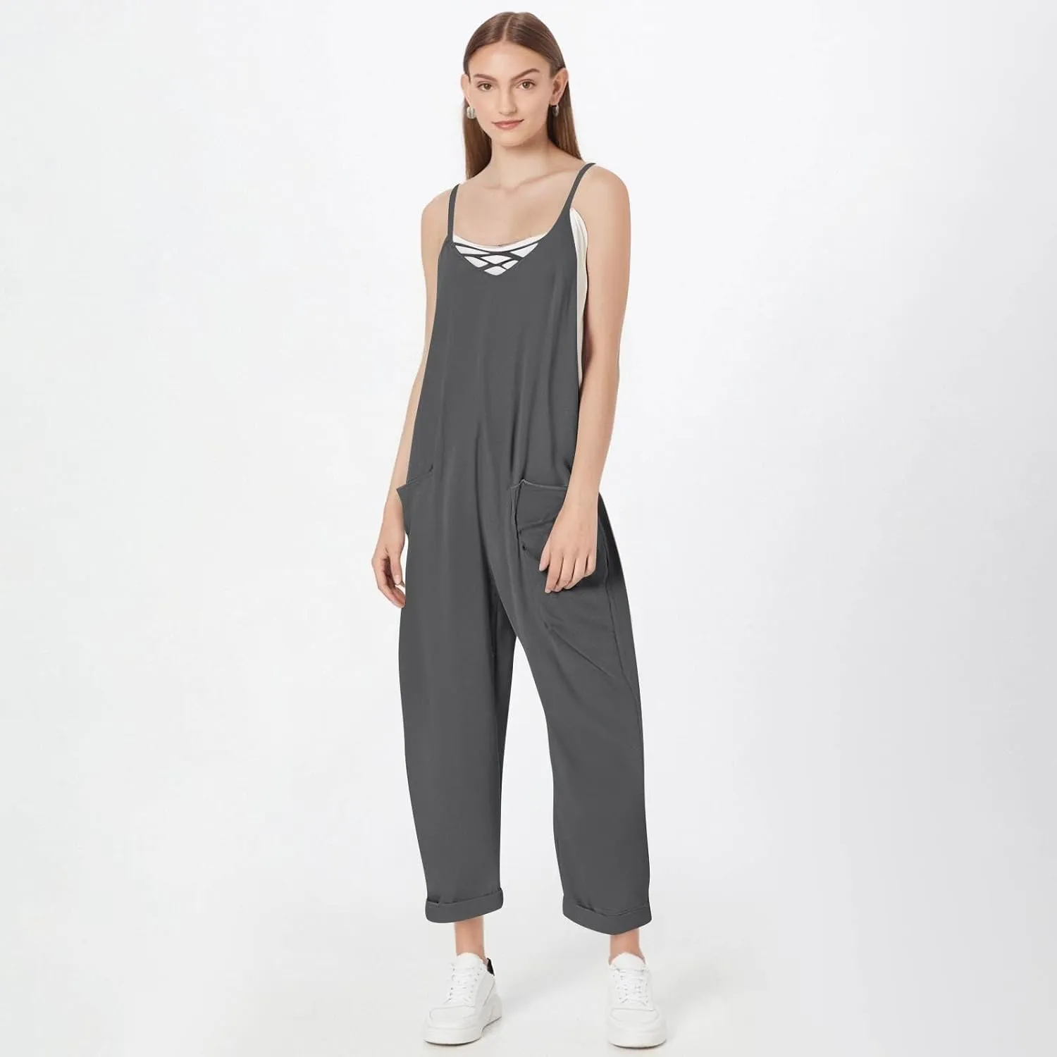 Jumpsuits for Women Casual Adjustable Spaghetti Straps One Piece Jumpsuit Baggy Wide Leg Long Pants Overalls Pockets