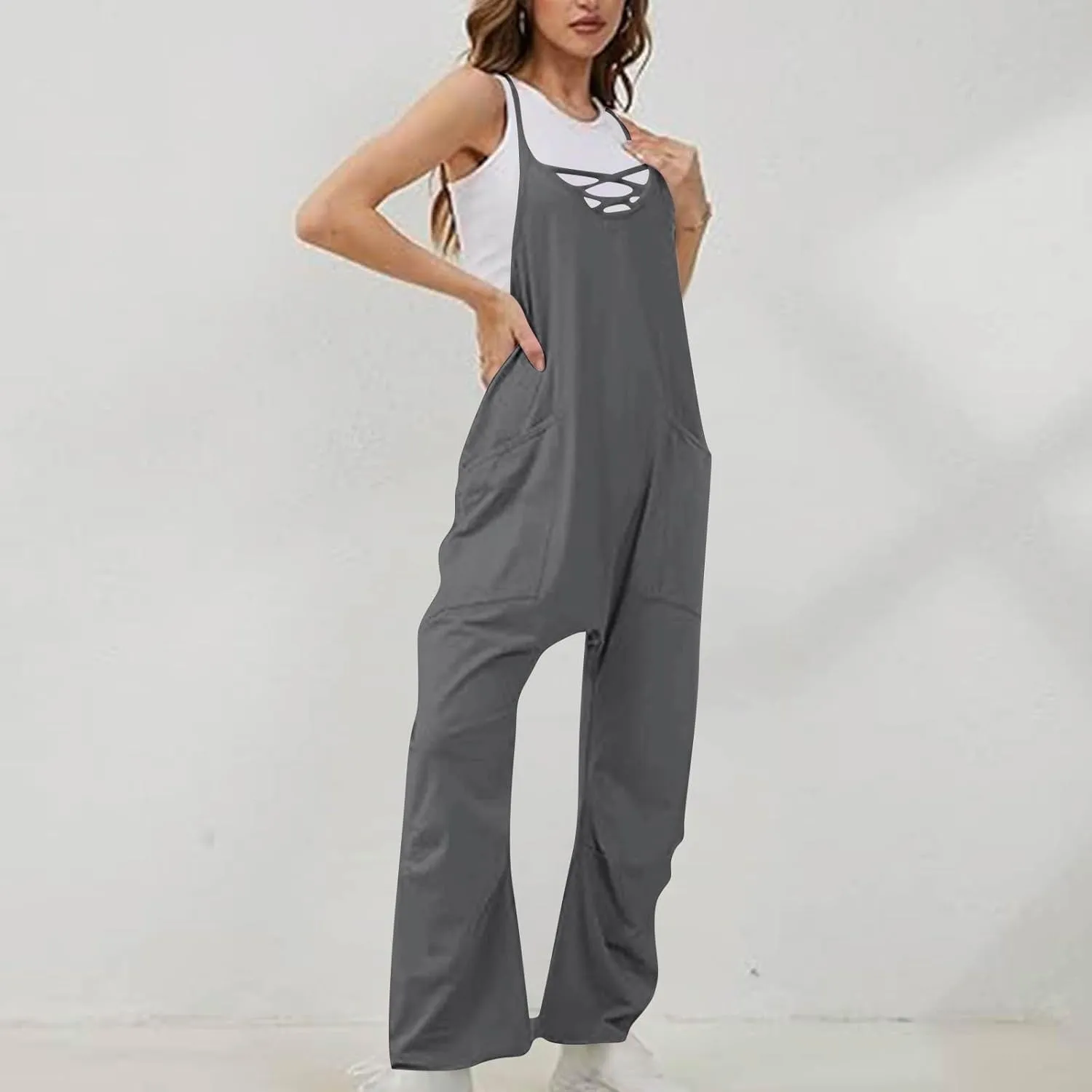 Jumpsuits for Women Casual Adjustable Spaghetti Straps One Piece Jumpsuit Baggy Wide Leg Long Pants Overalls Pockets
