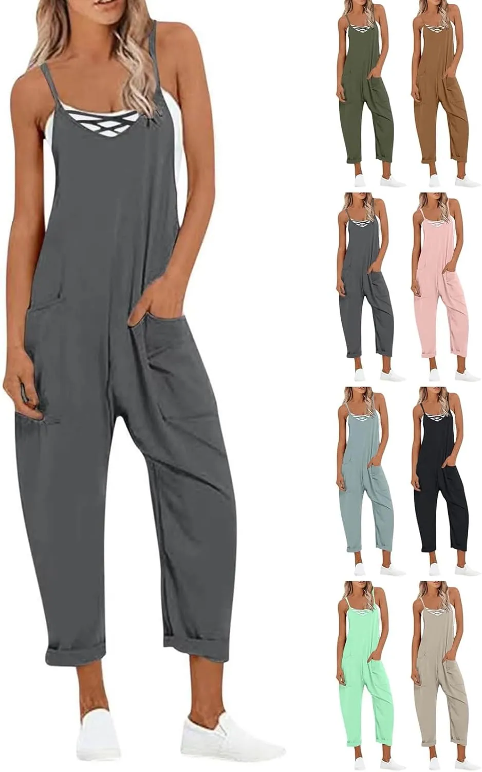 Jumpsuits for Women Casual Adjustable Spaghetti Straps One Piece Jumpsuit Baggy Wide Leg Long Pants Overalls Pockets