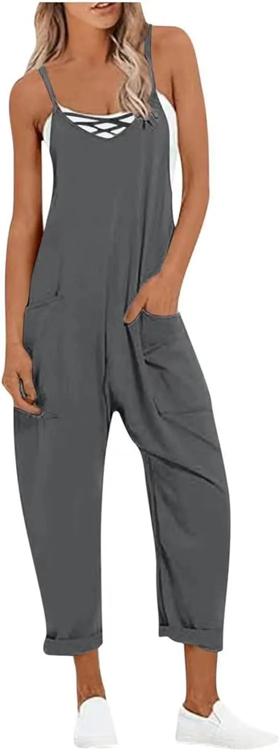 Jumpsuits for Women Casual Adjustable Spaghetti Straps One Piece Jumpsuit Baggy Wide Leg Long Pants Overalls Pockets