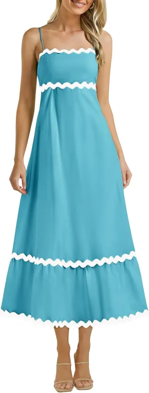 KIRUNDO Womens Summer Dresses 2025 Boho Spaghetti Strap Sleeveless Smocked Rickrack Trim Flowy Beach Vacation Midi Sundress