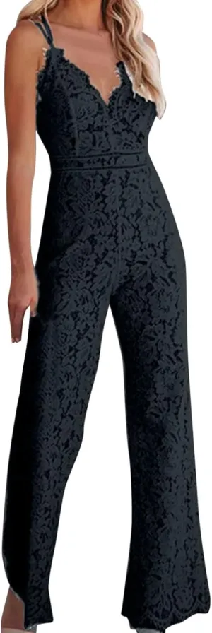 Lace V Neck Jumpsuit for Women Embroideried Floral Spagetti Strap Sleeveless Rompers One Piece Wedding Overalls