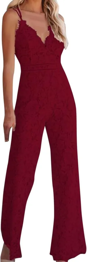 Lace V Neck Jumpsuit for Women Embroideried Floral Spagetti Strap Sleeveless Rompers One Piece Wedding Overalls