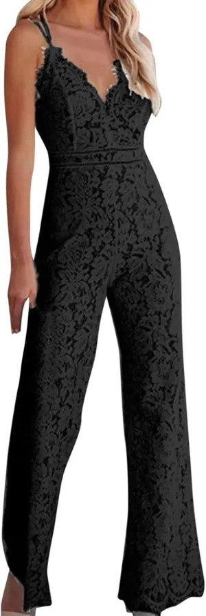 Lace V Neck Jumpsuit for Women Embroideried Floral Spagetti Strap Sleeveless Rompers One Piece Wedding Overalls
