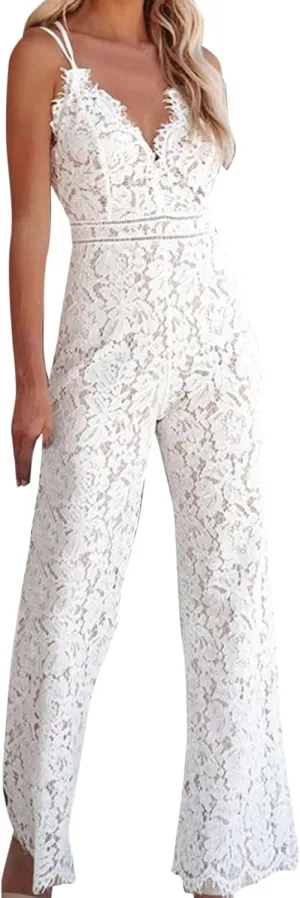 Lace V Neck Jumpsuit for Women Embroideried Floral Spagetti Strap Sleeveless Rompers One Piece Wedding Overalls