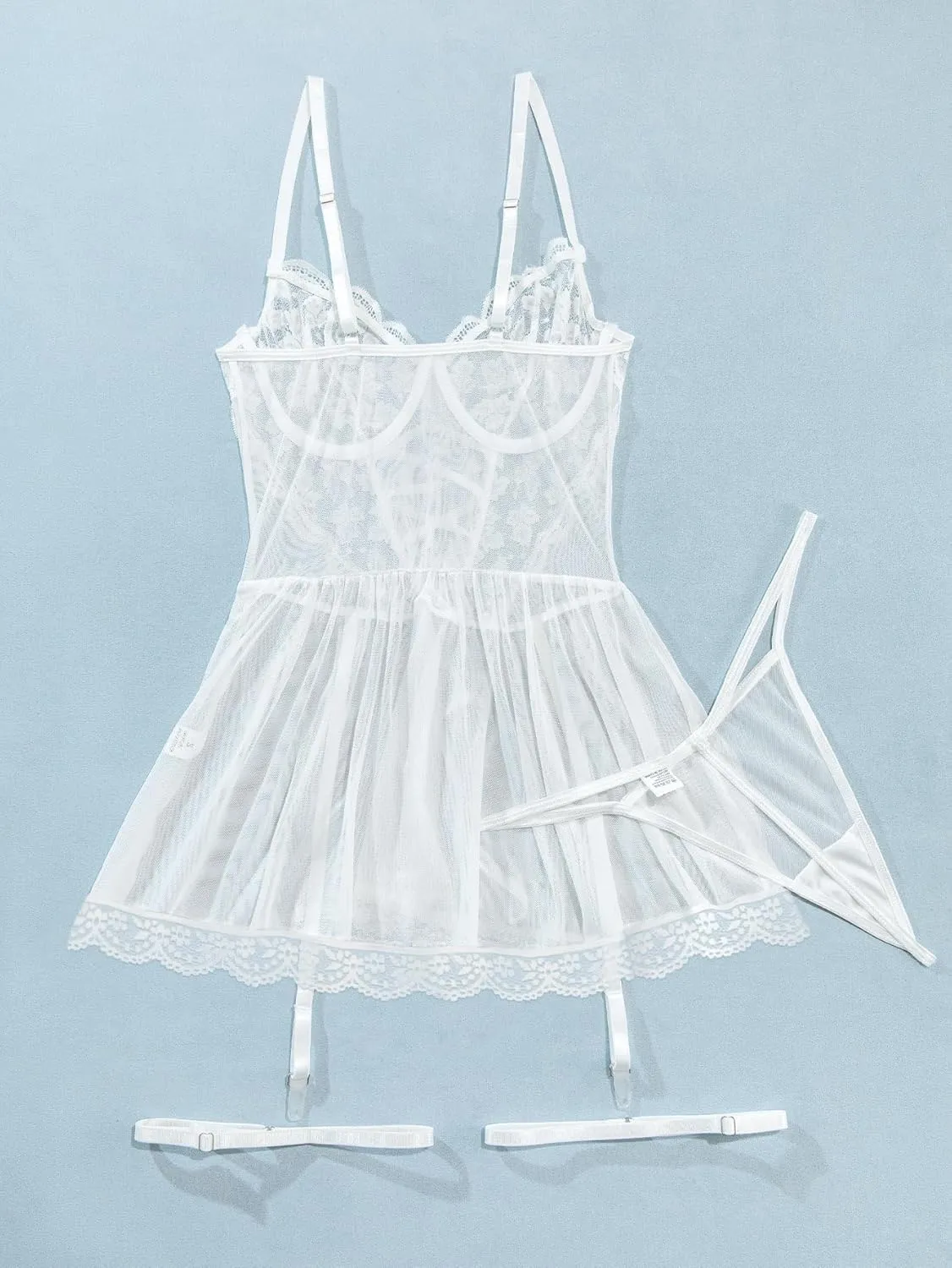 Lilosy Sexy Garter Belt Mesh Lace Babydoll Lingerie Dress Set with Thong