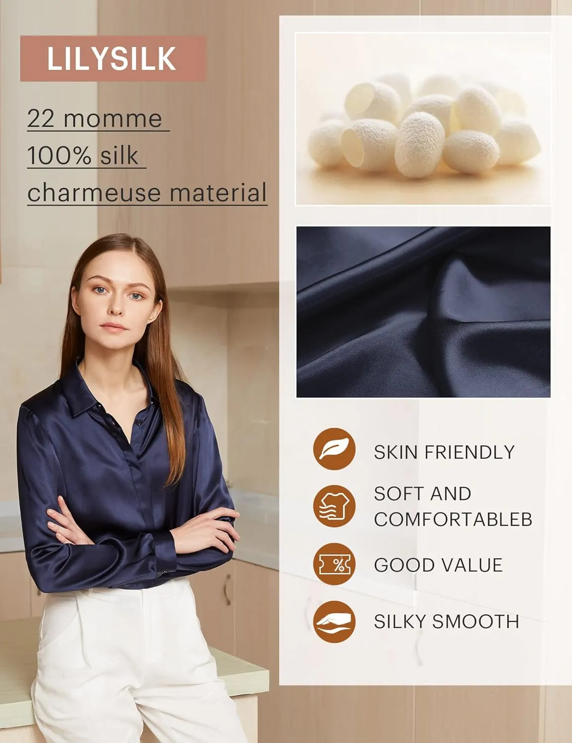 LilySilk Silk Blouse for Women 100% Pure Silk Long Sleeves Cool Smooth Tops