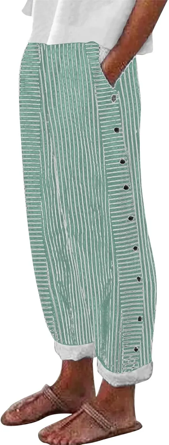 Linen Pants for Women 2025 Plus Size Trendy Striped Spring Summer Gauze Pants Casual Elastic Waist Comfy Trousers