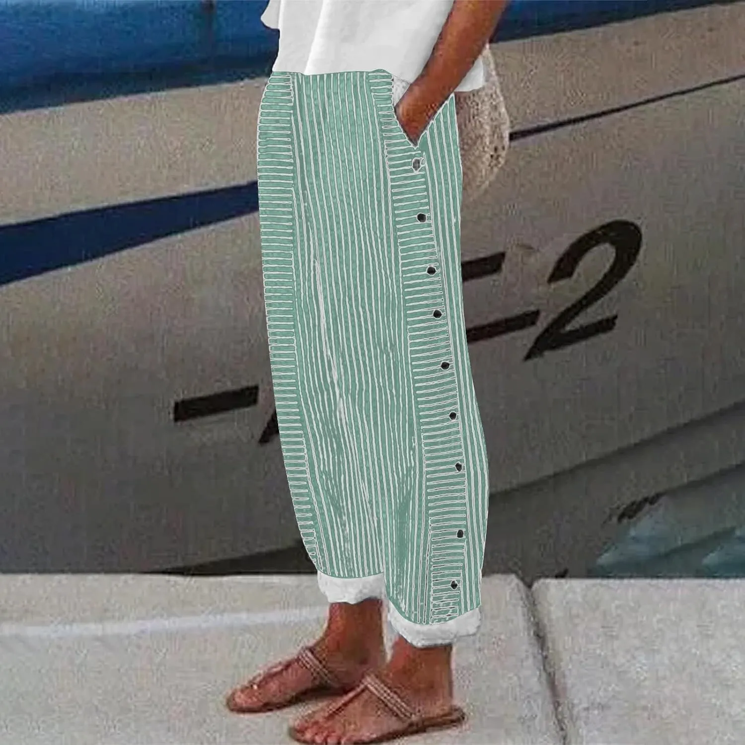 Linen Pants for Women 2025 Plus Size Trendy Striped Spring Summer Gauze Pants Casual Elastic Waist Comfy Trousers