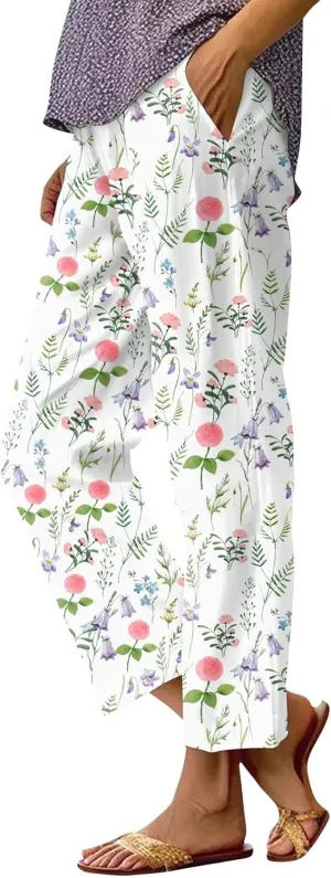 Linen Pants for Women Summer Casual High Waist Boho Floral Cropped Pants Tapered Beach Trousers Capri Pants Pockets