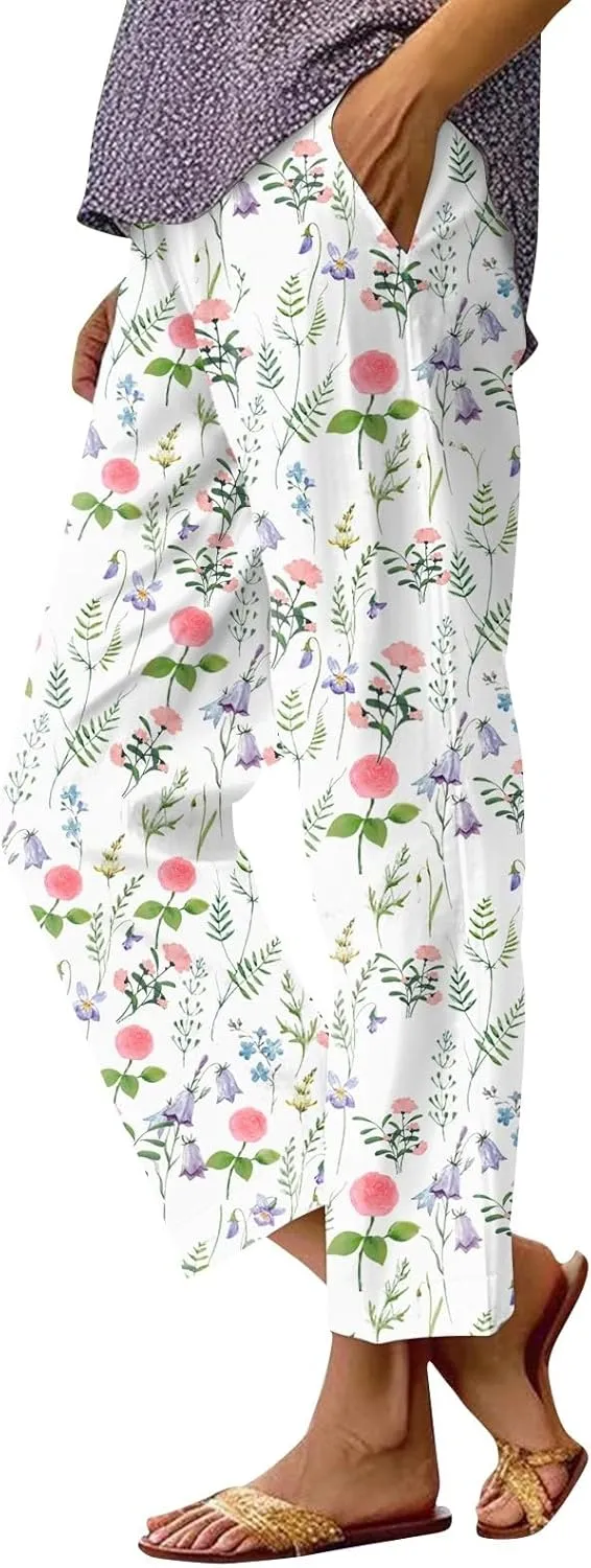Linen Pants for Women Summer Casual High Waist Boho Floral Cropped Pants Tapered Beach Trousers Capri Pants Pockets