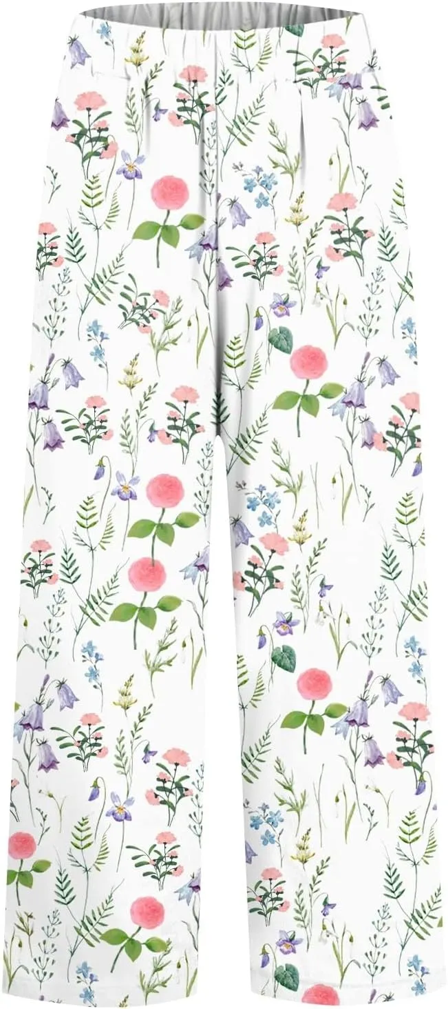 Linen Pants for Women Summer Casual High Waist Boho Floral Cropped Pants Tapered Beach Trousers Capri Pants Pockets