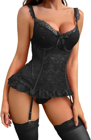 Lingerie for Women Sexy Lace Corset with Garter Belt Lingeries Set Tummy Control Teddy Bodysuit Boudoir Outfit