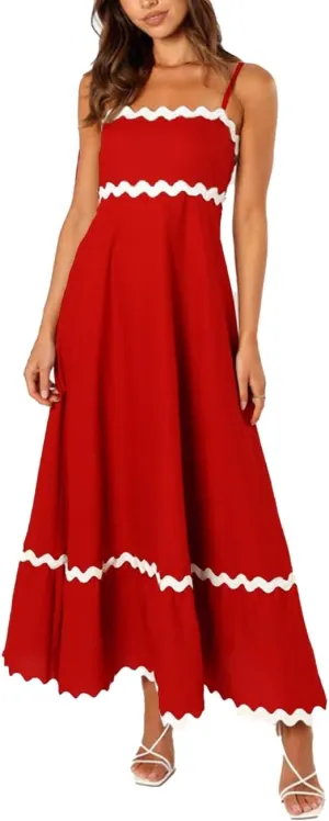LOAIHA Women Midi Dresses 2024 Spaghetti Straps Sleeveless Smocked Rickrack Trim Boho Flowy Loose A-Line Summer Eyelet Dress