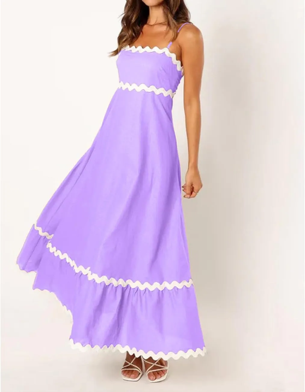 LOAIHA Women Midi Dresses 2024 Spaghetti Straps Sleeveless Smocked Rickrack Trim Boho Flowy Loose A-Line Summer Eyelet Dress