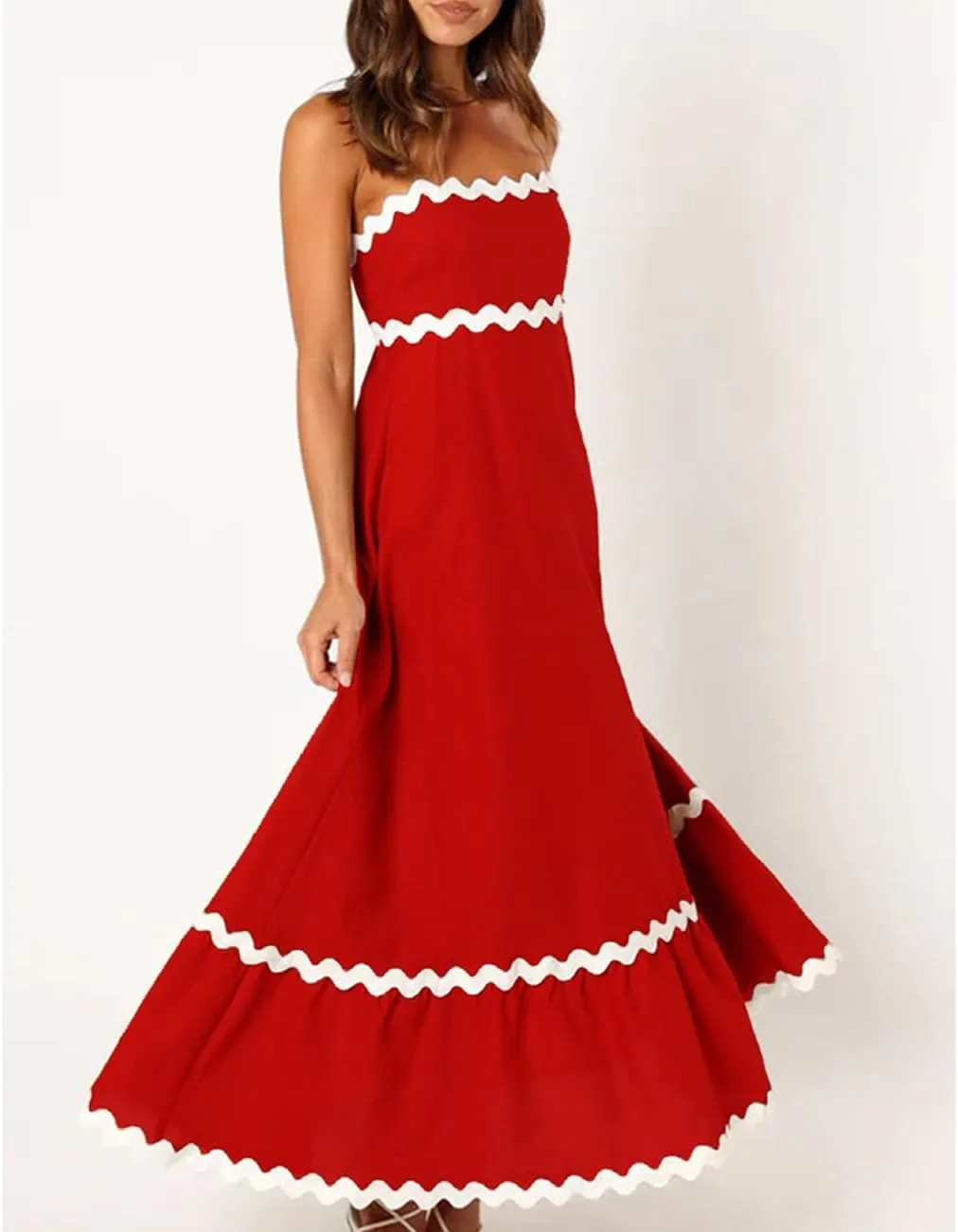 LOAIHA Women Midi Dresses 2024 Spaghetti Straps Sleeveless Smocked Rickrack Trim Boho Flowy Loose A-Line Summer Eyelet Dress