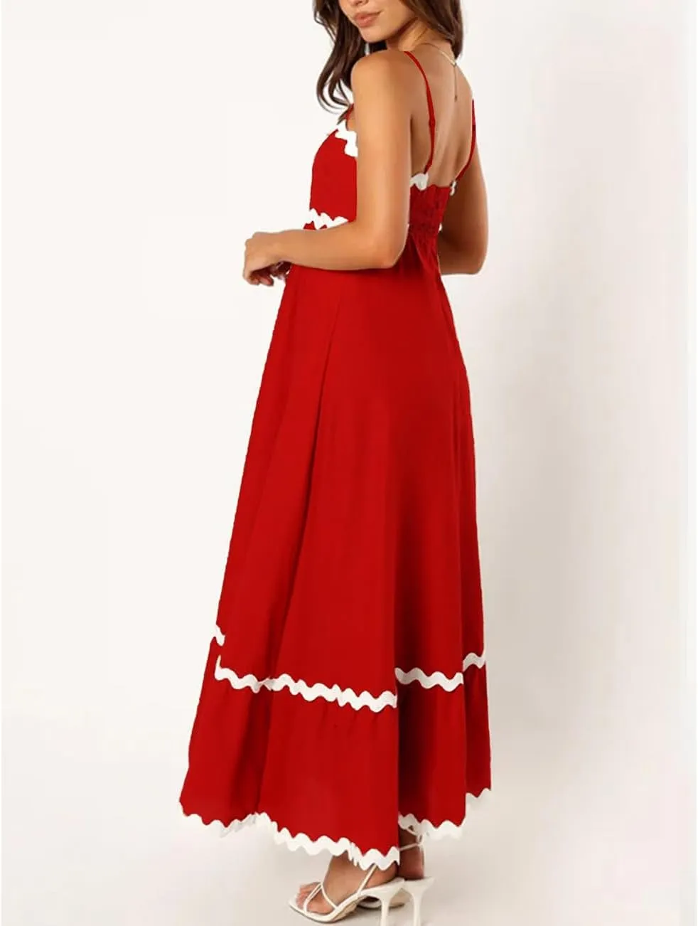 LOAIHA Women Midi Dresses 2024 Spaghetti Straps Sleeveless Smocked Rickrack Trim Boho Flowy Loose A-Line Summer Eyelet Dress