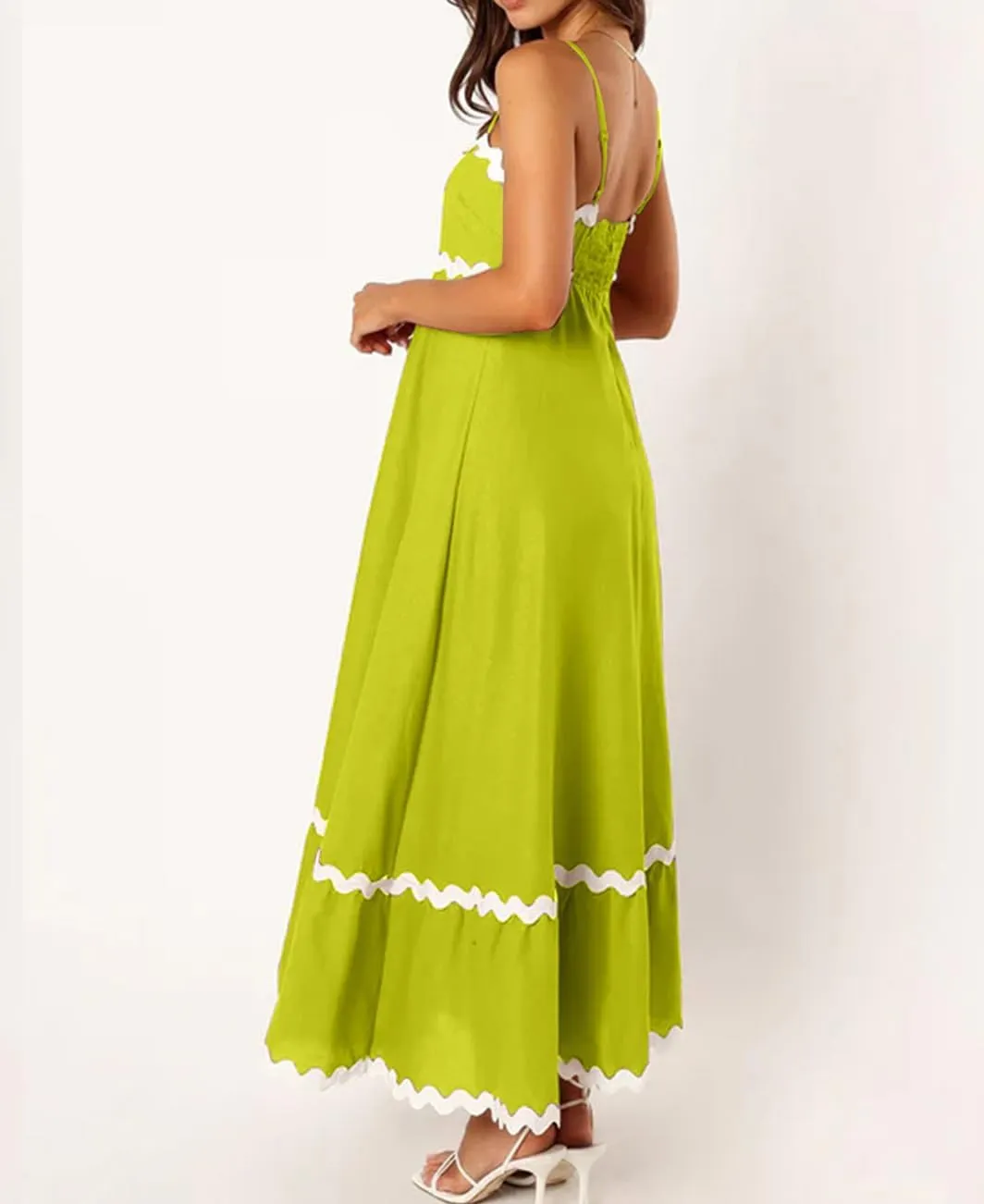 LOAIHA Women Midi Dresses 2024 Spaghetti Straps Sleeveless Smocked Rickrack Trim Boho Flowy Loose A-Line Summer Eyelet Dress
