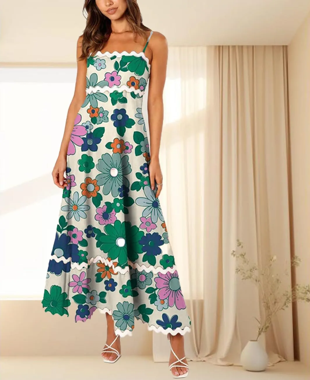 LOAIHA Women Midi Dresses 2024 Spaghetti Straps Sleeveless Smocked Rickrack Trim Boho Flowy Loose A-Line Summer Eyelet Dress