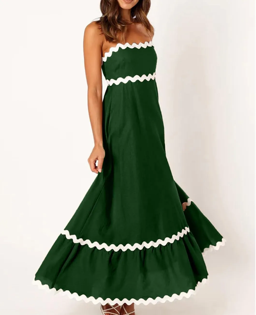 LOAIHA Women Midi Dresses 2024 Spaghetti Straps Sleeveless Smocked Rickrack Trim Boho Flowy Loose A-Line Summer Eyelet Dress