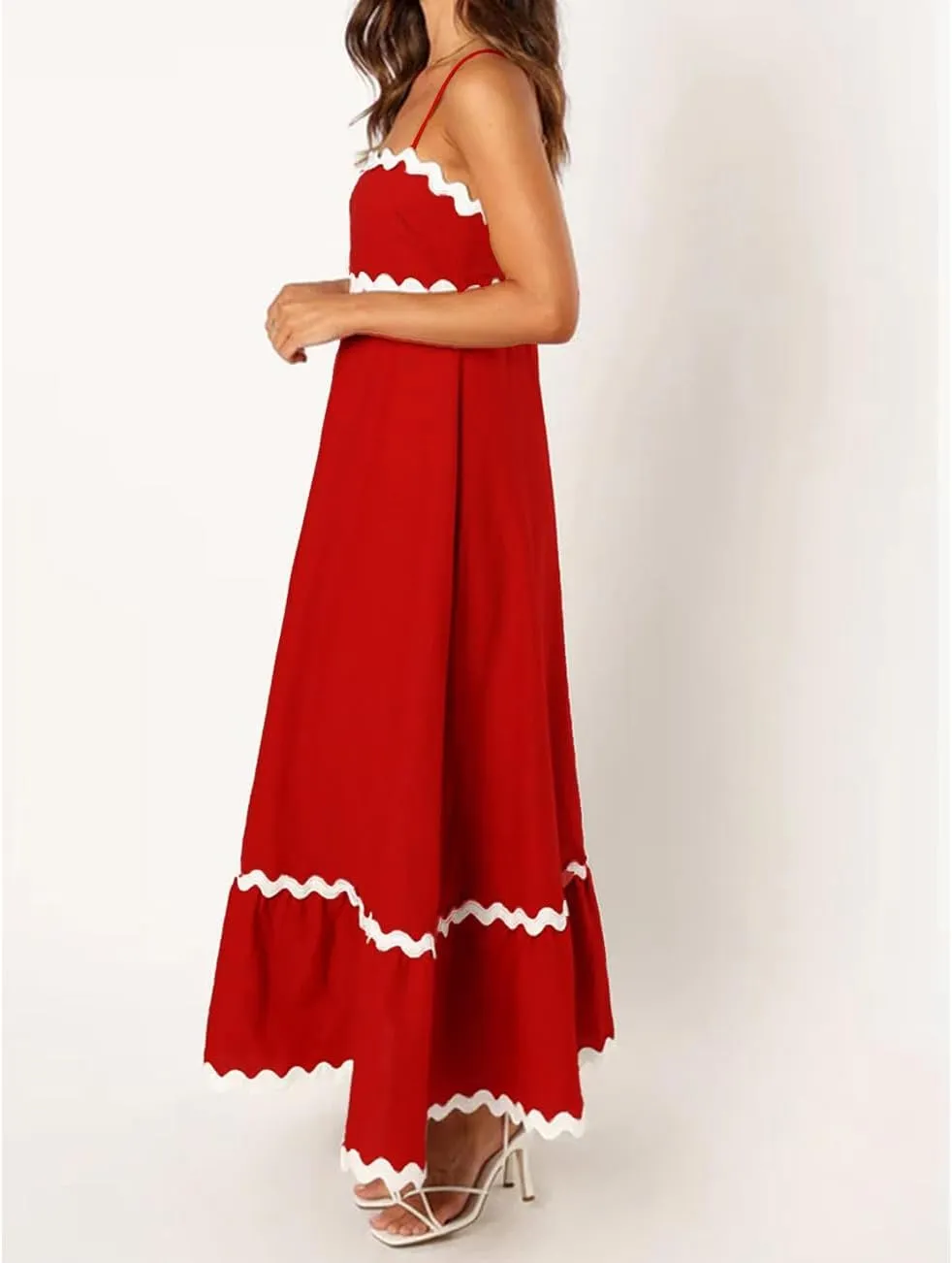 LOAIHA Women Midi Dresses 2024 Spaghetti Straps Sleeveless Smocked Rickrack Trim Boho Flowy Loose A-Line Summer Eyelet Dress