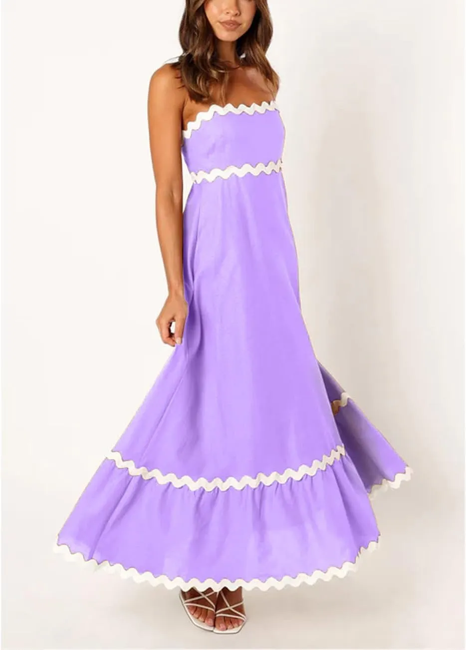 LOAIHA Women Midi Dresses 2024 Spaghetti Straps Sleeveless Smocked Rickrack Trim Boho Flowy Loose A-Line Summer Eyelet Dress