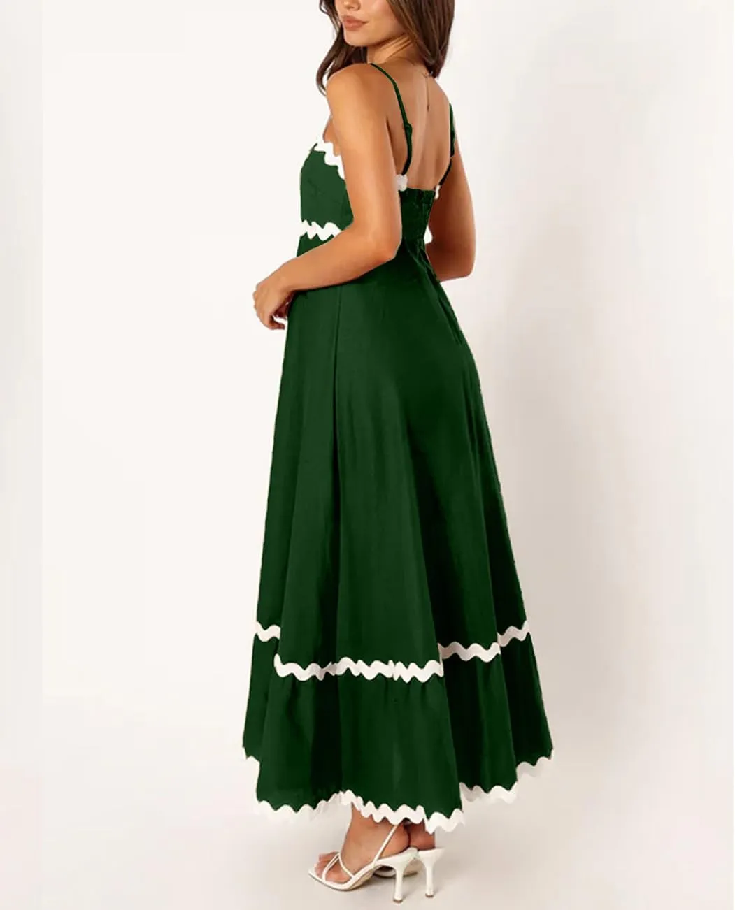 LOAIHA Women Midi Dresses 2024 Spaghetti Straps Sleeveless Smocked Rickrack Trim Boho Flowy Loose A-Line Summer Eyelet Dress