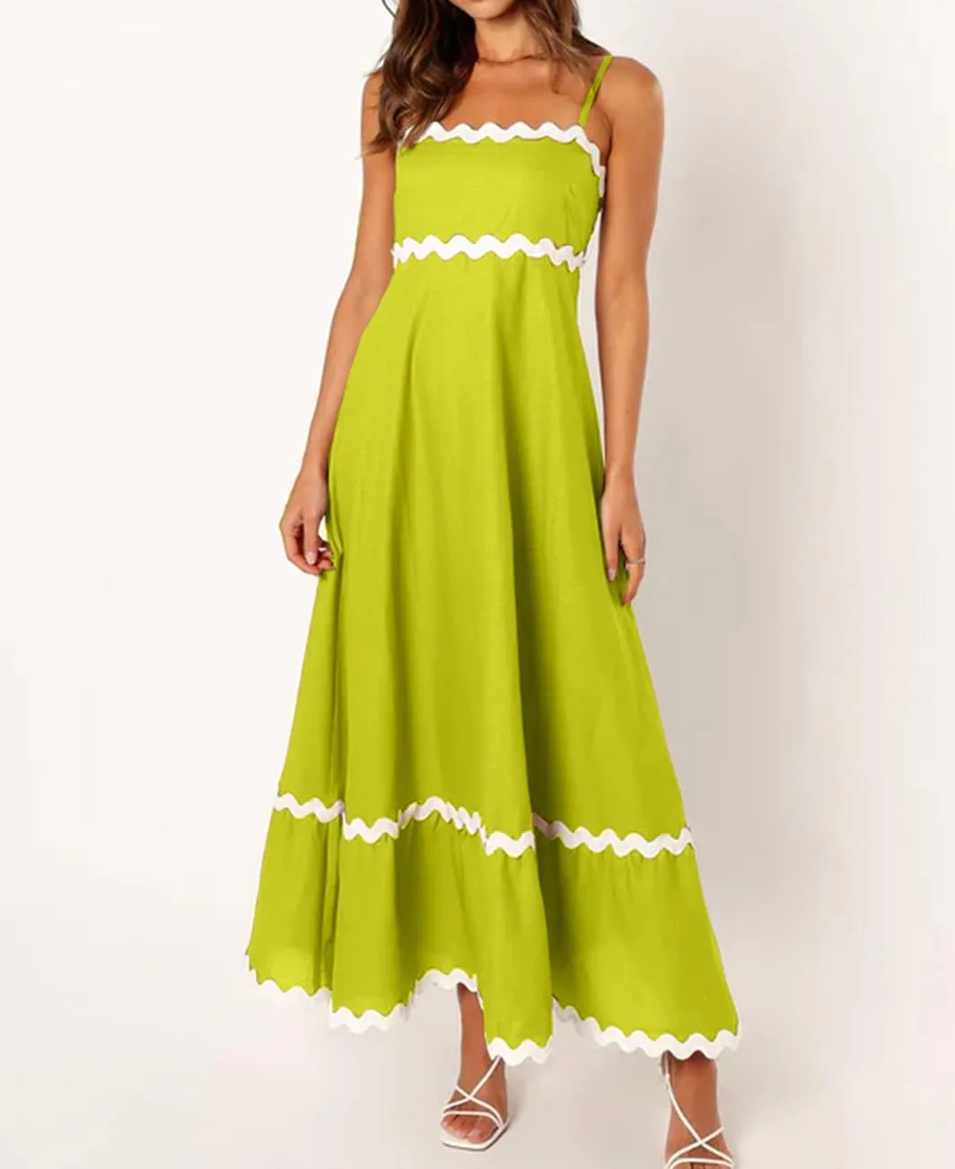 LOAIHA Women Midi Dresses 2024 Spaghetti Straps Sleeveless Smocked Rickrack Trim Boho Flowy Loose A-Line Summer Eyelet Dress