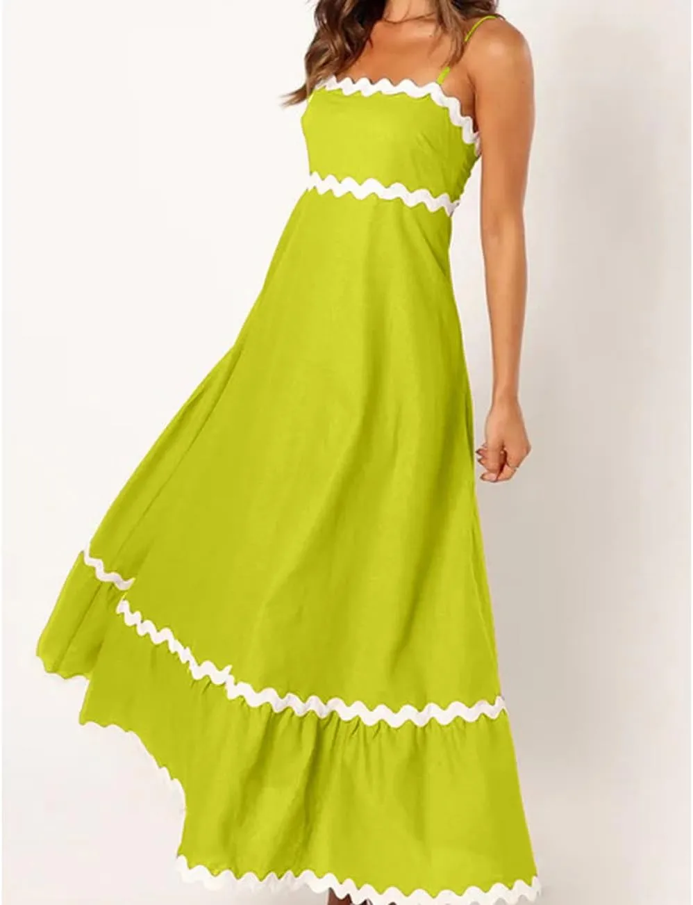 LOAIHA Women Midi Dresses 2024 Spaghetti Straps Sleeveless Smocked Rickrack Trim Boho Flowy Loose A-Line Summer Eyelet Dress
