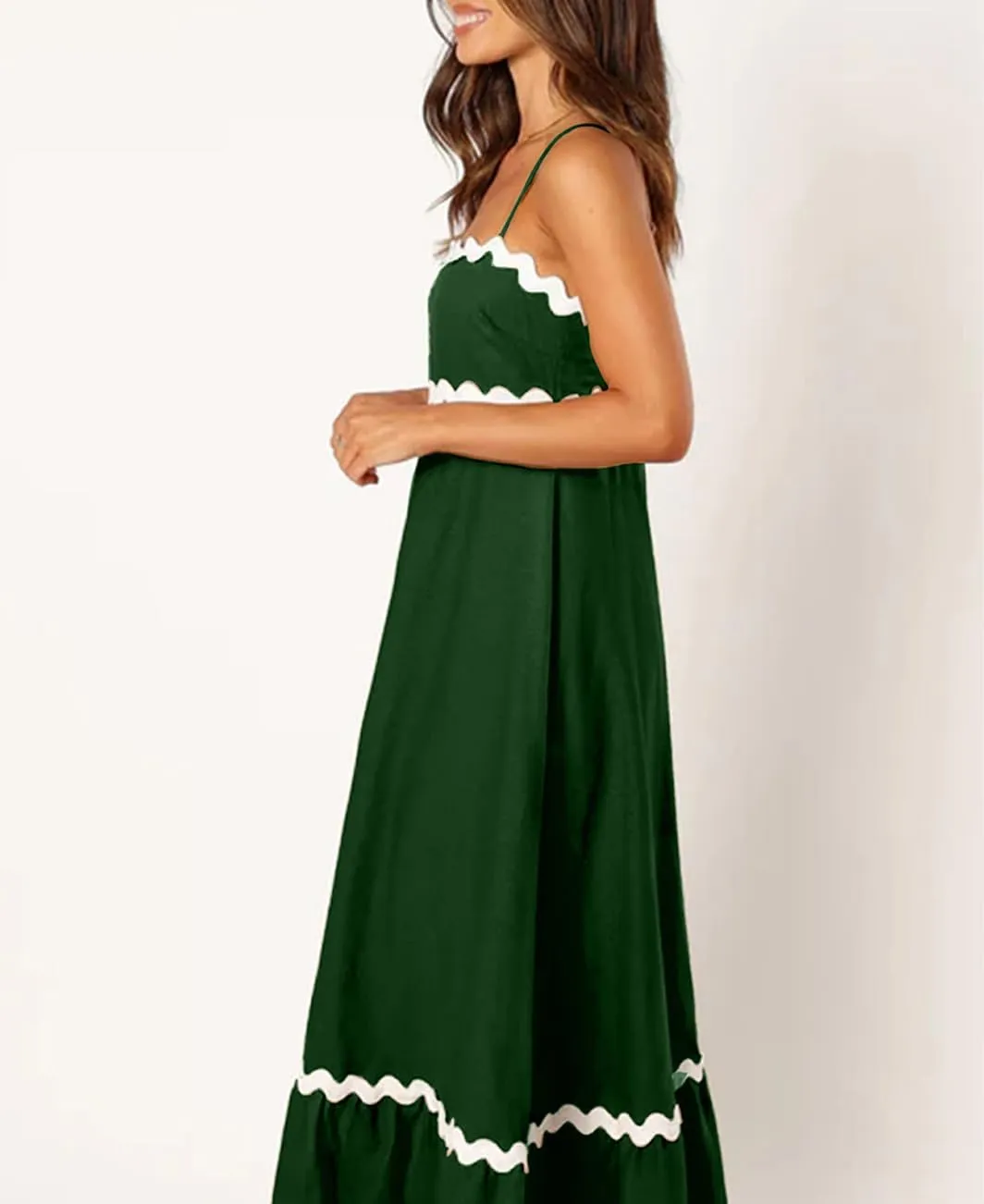 LOAIHA Women Midi Dresses 2024 Spaghetti Straps Sleeveless Smocked Rickrack Trim Boho Flowy Loose A-Line Summer Eyelet Dress