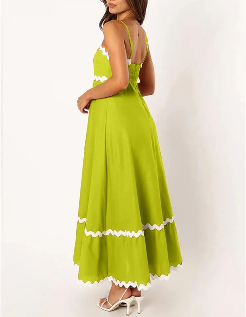 LOAIHA Women Midi Dresses 2024 Spaghetti Straps Sleeveless Smocked Rickrack Trim Boho Flowy Loose A-Line Summer Eyelet Dress