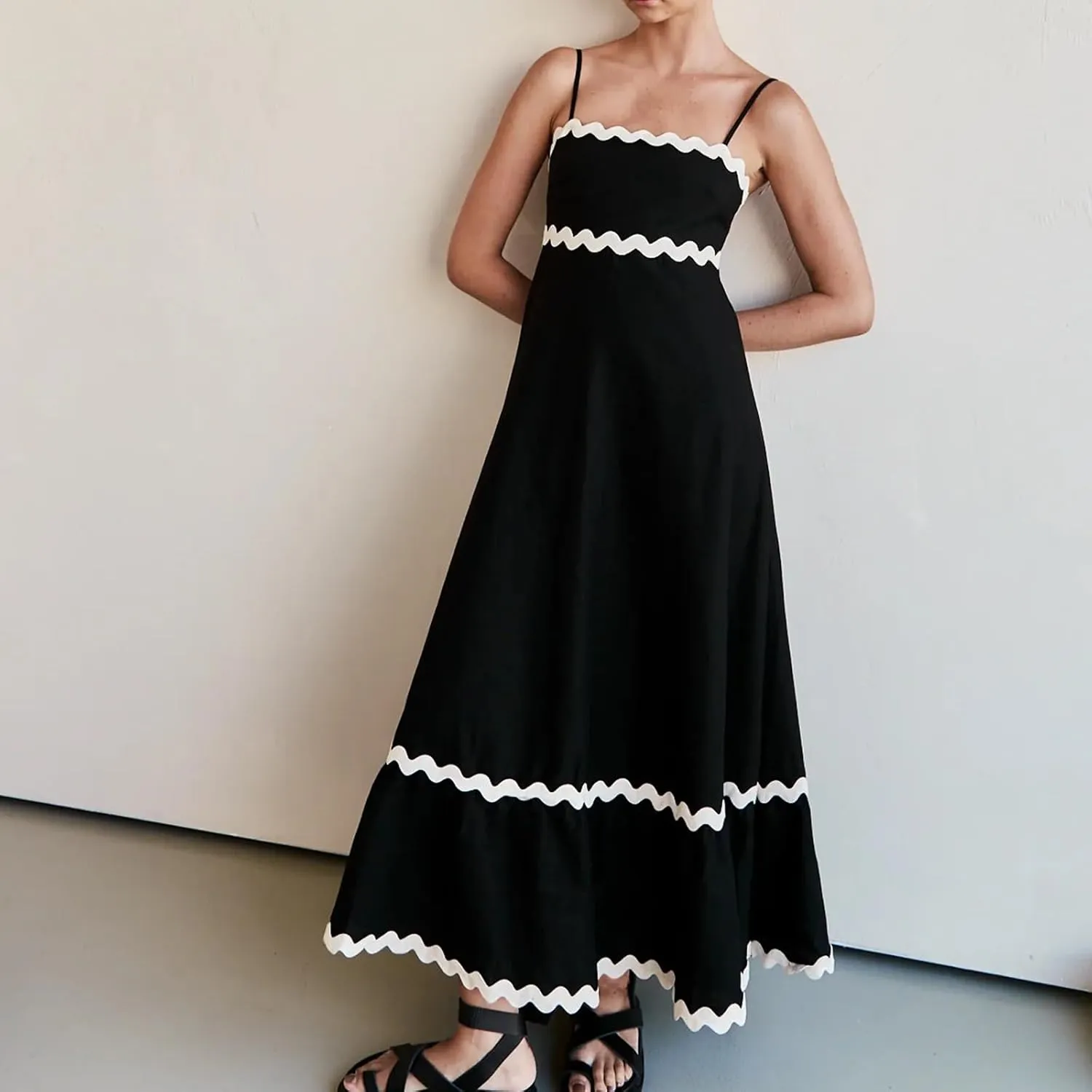 LOAIHA Women Midi Dresses 2024 Spaghetti Straps Sleeveless Smocked Rickrack Trim Boho Flowy Loose A-Line Summer Eyelet Dress