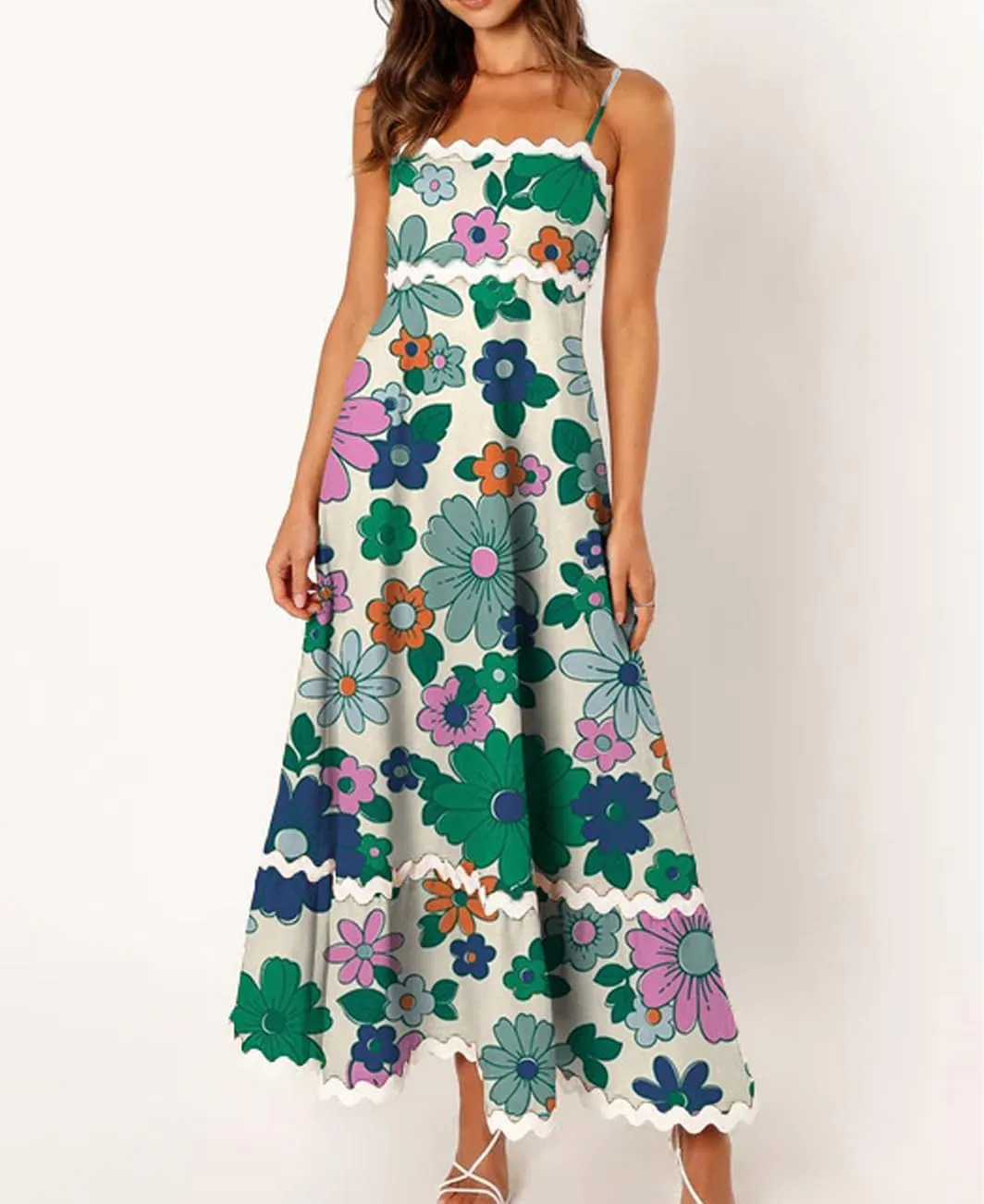 LOAIHA Women Midi Dresses 2024 Spaghetti Straps Sleeveless Smocked Rickrack Trim Boho Flowy Loose A-Line Summer Eyelet Dress