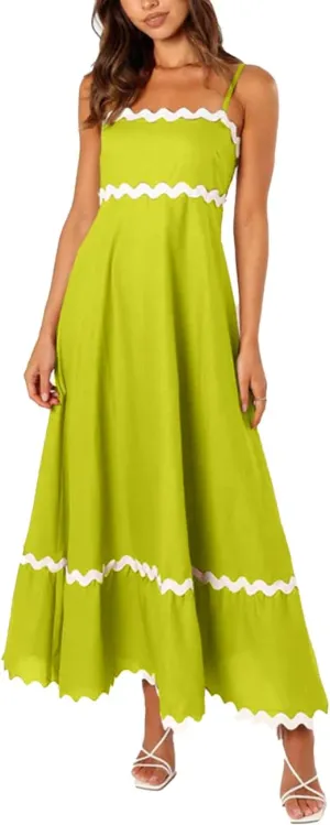 LOAIHA Women Midi Dresses 2024 Spaghetti Straps Sleeveless Smocked Rickrack Trim Boho Flowy Loose A-Line Summer Eyelet Dress