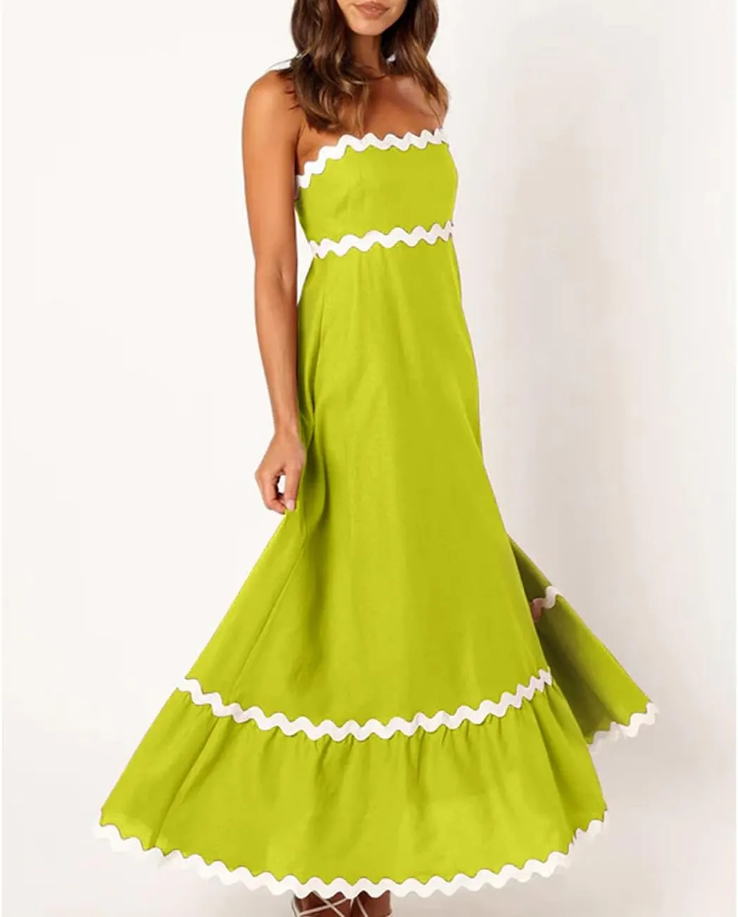 LOAIHA Women Midi Dresses 2024 Spaghetti Straps Sleeveless Smocked Rickrack Trim Boho Flowy Loose A-Line Summer Eyelet Dress