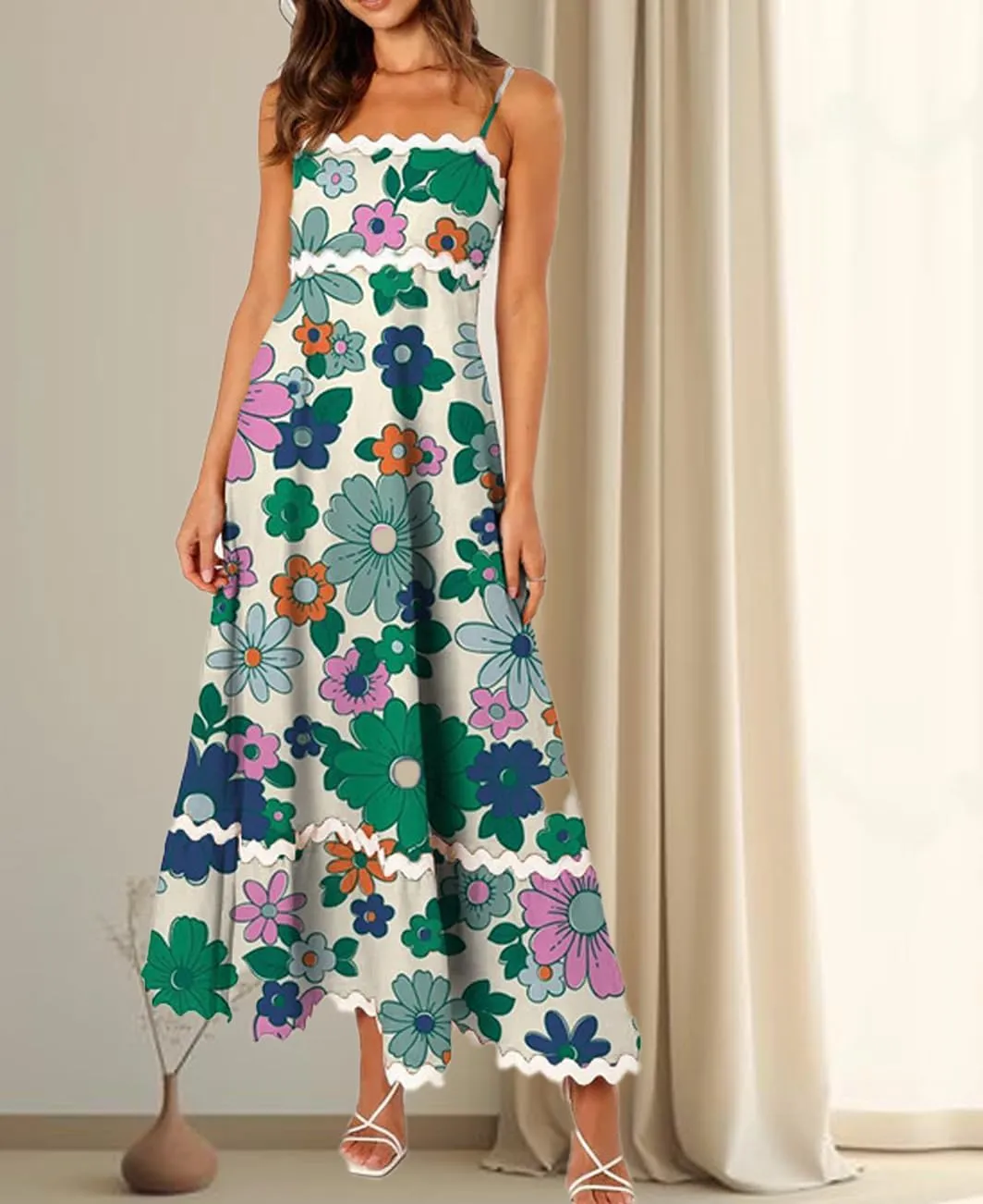 LOAIHA Women Midi Dresses 2024 Spaghetti Straps Sleeveless Smocked Rickrack Trim Boho Flowy Loose A-Line Summer Eyelet Dress
