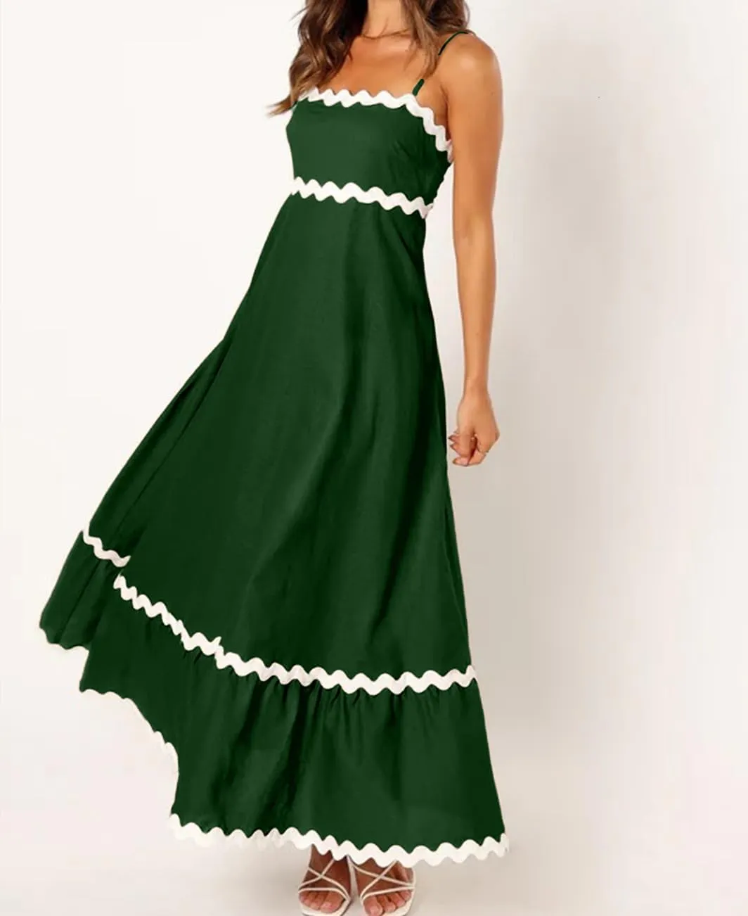 LOAIHA Women Midi Dresses 2024 Spaghetti Straps Sleeveless Smocked Rickrack Trim Boho Flowy Loose A-Line Summer Eyelet Dress