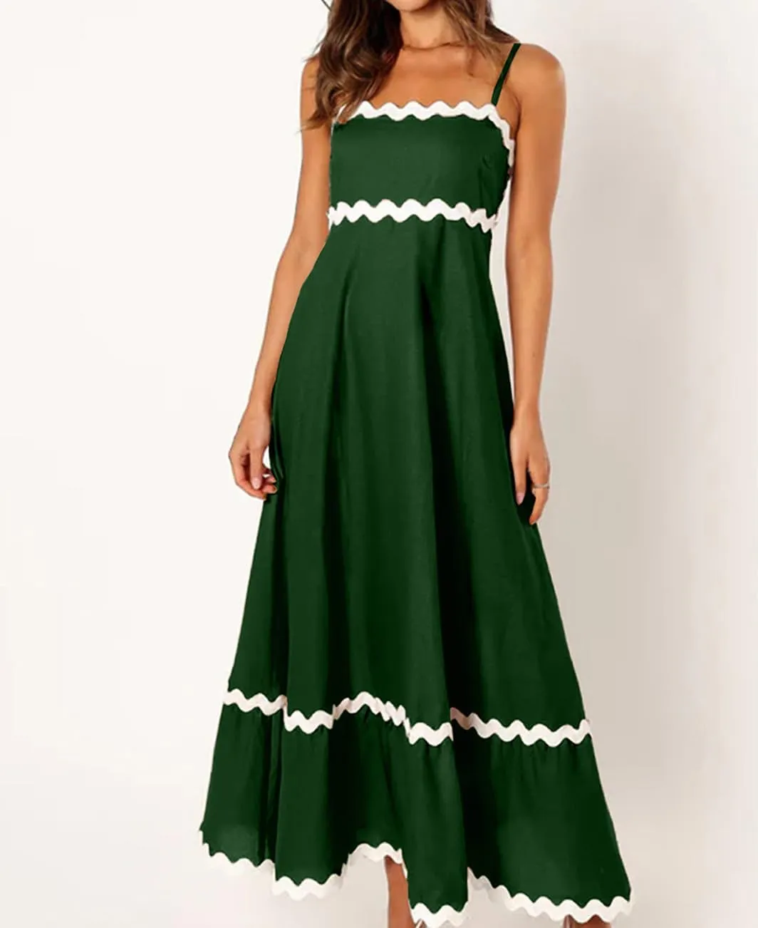LOAIHA Women Midi Dresses 2024 Spaghetti Straps Sleeveless Smocked Rickrack Trim Boho Flowy Loose A-Line Summer Eyelet Dress