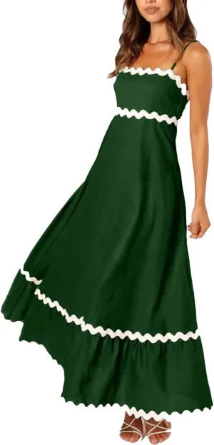 LOAIHA Women Midi Dresses 2024 Spaghetti Straps Sleeveless Smocked Rickrack Trim Boho Flowy Loose A-Line Summer Eyelet Dress